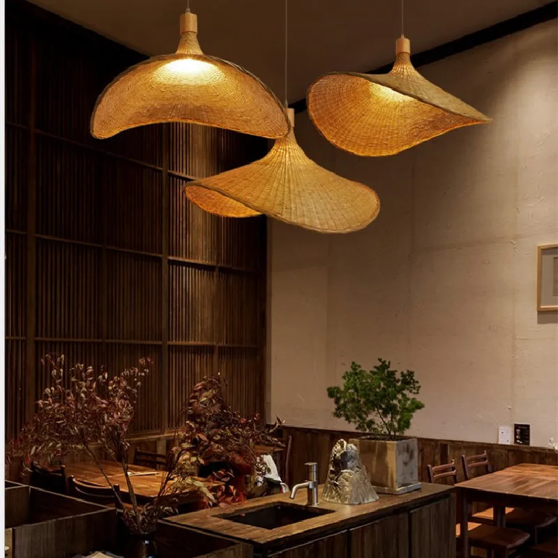 ZK50 Bamboo Weaving Chandelier Chinese Style Tea Room Southeast Asian Lighting Creative Personality Straw Hat Chandelier