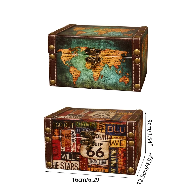 European Vintage Jewelry Storage Box Multipurpose Antique Wooden Pirate  World Map Letters  for CA