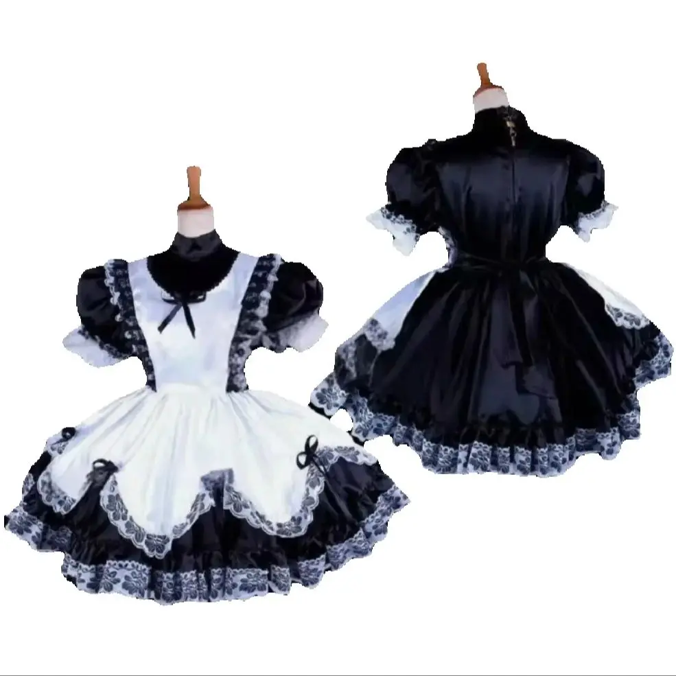 

Sexy cross dresser French girl sissy maid black dress white apron satin lockable dress cosplay costume