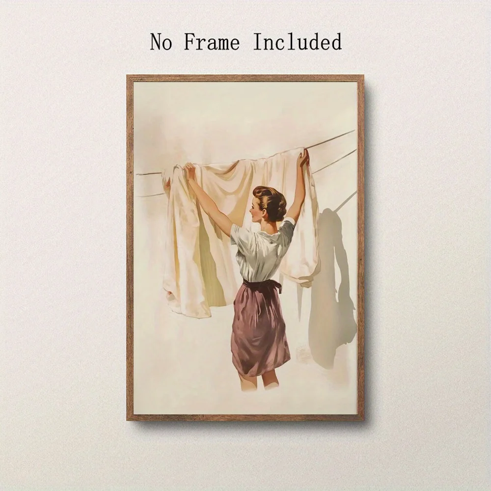 1pc Unframed Canvas Print - Vintage-Inspired Woman Hanging Laundry on Clothesline, Ideal for Home & Office Wall Art, Kitchen