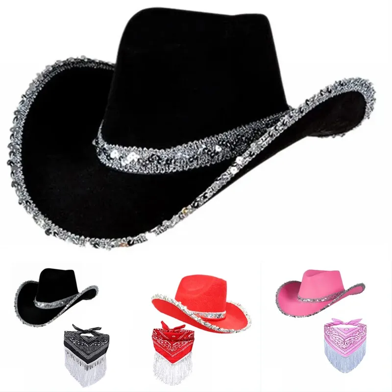 Cosplay kostiumy na imprezę halloweenową cekiny brokat Rhinestone kowbojski kapelusz przebranie Bling frędzle rekwizyty Cowgirl czapka do tańca