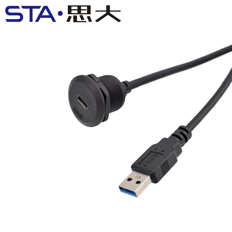 EP-TYPE-C Panel Female Socket 30cm Length with Front Installation Male Straight Plug with Thread USB3.0 Circular Connector USB-A