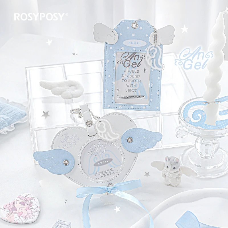 Angel Wing PU Leather Card Holder Set Chain Cute Girly Badge Protector for Photo Cards Kawaii Bag Charm Collectible Display Case
