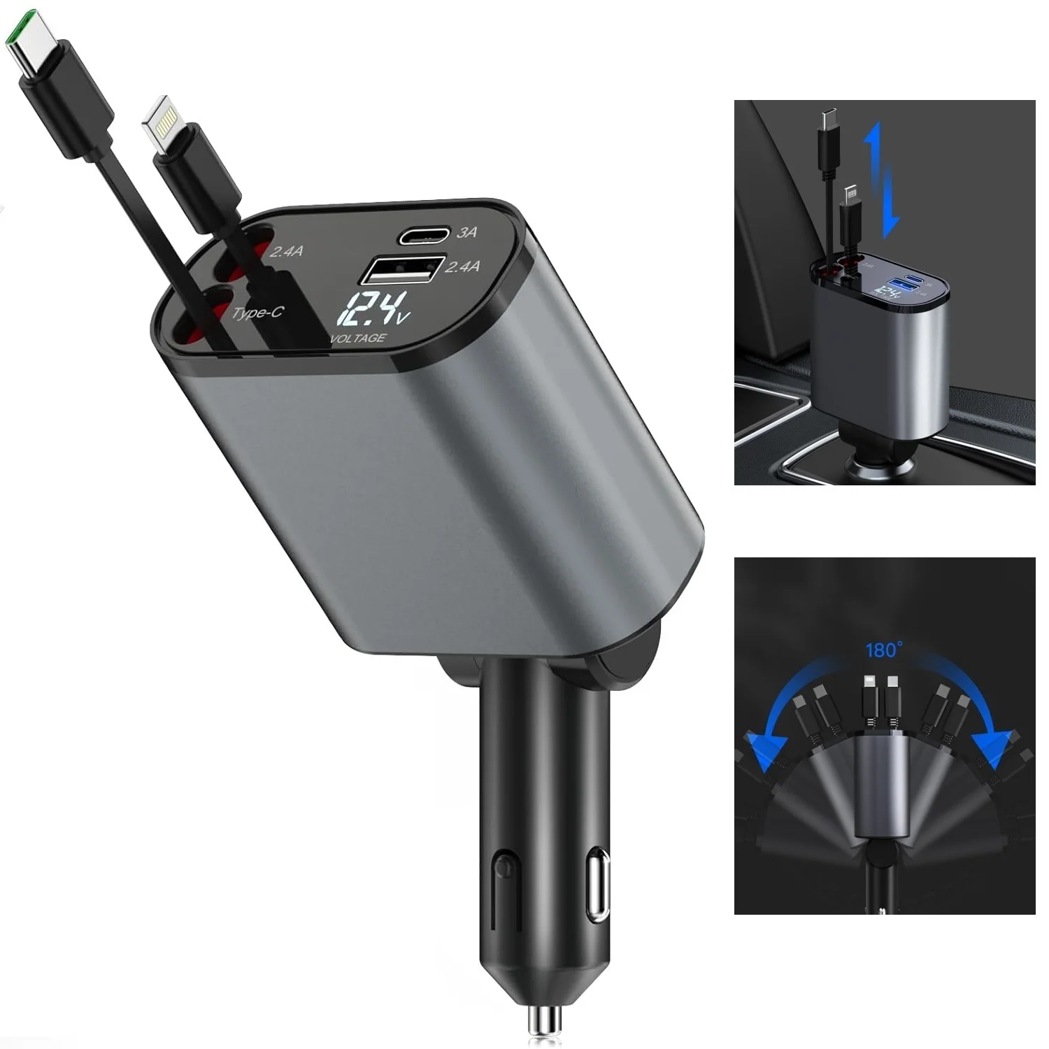 

Выдвижное автомобильное зарядное устройство, 4 в 1, быстрое автомобильное зарядное устройство для телефона, USB C и Lightning-шнуры, 66 Вт, прикуриватель, автомобильное зарядное устройство, адаптер
