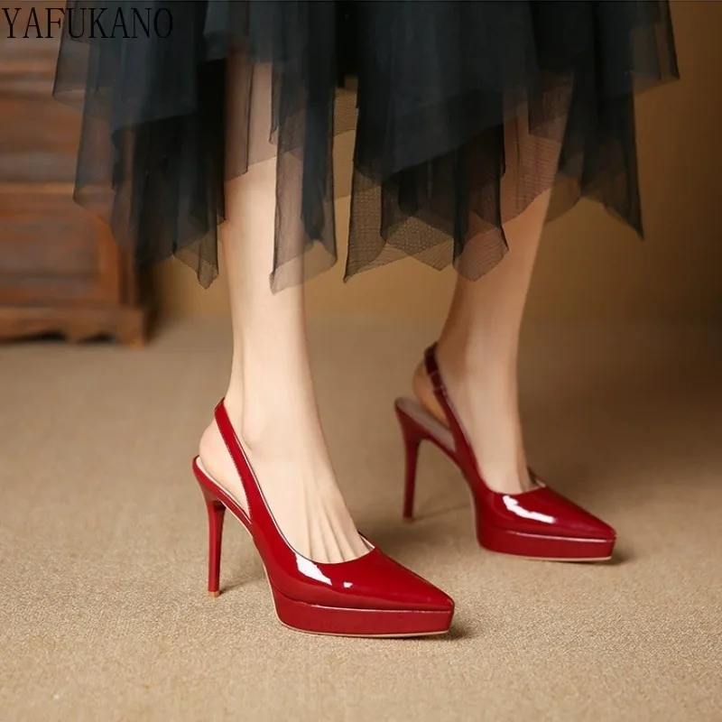 11Cm Platform Girl High Heels Fashion Patent Leather Sexy Slingbacks Pumps Pointed Toe Party Prom Thin Heels Sandals Big Size 41