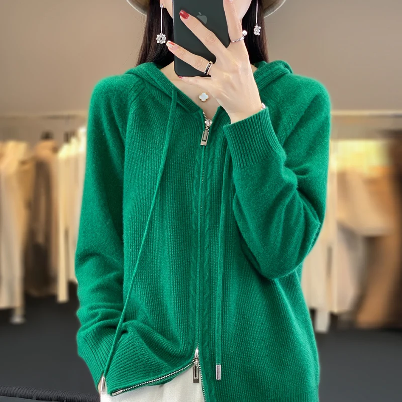 Autumn and Winter 2023 New Women\'s Cashmere Sweater 100% Wool Hoodie Knitted Cardigan Loose Korean Fashion Casual Top