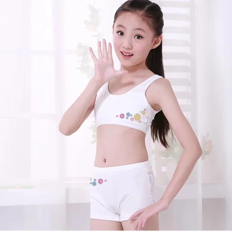 Round Yuan Growing Girl Bra Boxers Pink White Black Red Beige Soft Healthy Female Cotton Boxers Bra Tops Size 140-170