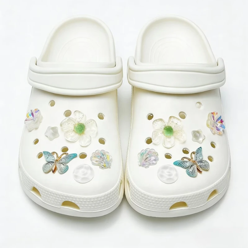 12pcs Transparent Blue Butterfly Garden Shoe Accessories DIY Cute Style Women's Beach Shoes Decorative Buckle Flower