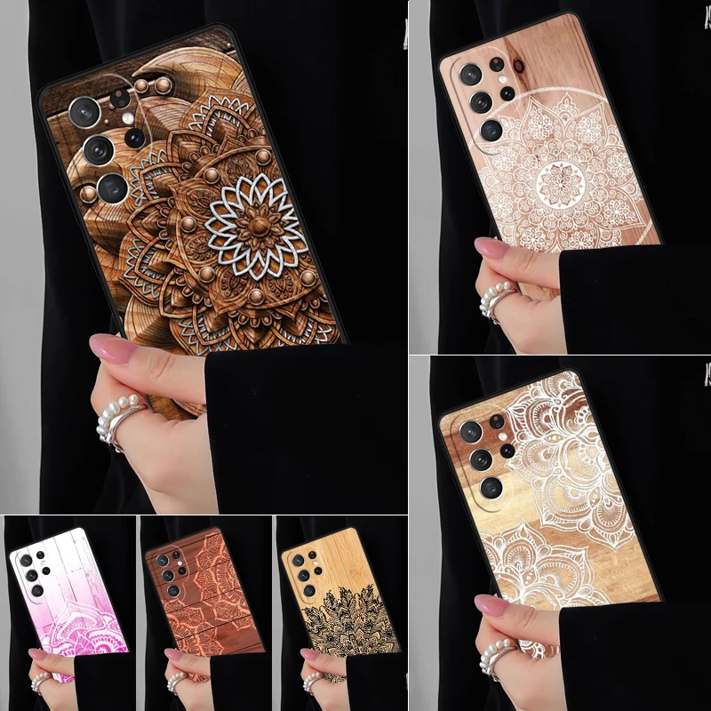

Чехол для телефона Mandala Floral Wood для Samsung Galaxy S25 S24FE S23 S22 S21FE S20 S10 Plus Ultra Note20 10Pro, мягкий черный чехол