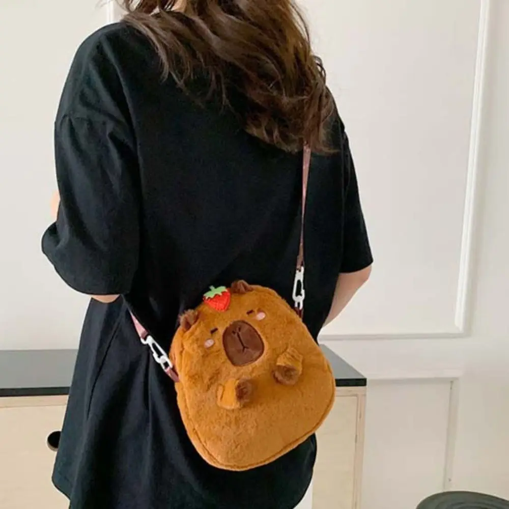 Animal Cartoon Capybara Plush Shoulder Bag Large Capacity Stuffed Capybara Crossbody Bag Zipper Cotton Cartoon Capybara Handbag