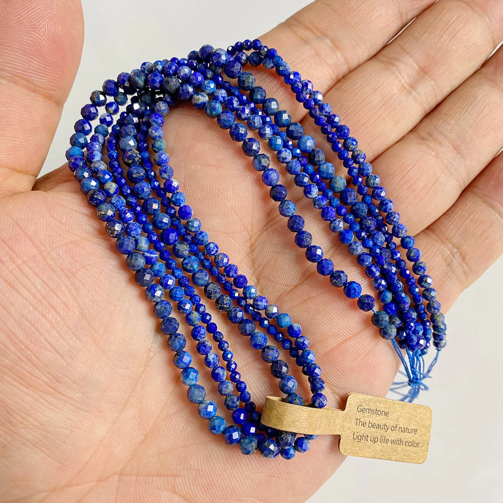 A+ Natural Lapis Lazuli Gems Stone Bead Faceted Round Loose Spacer Beads Fit Jewelry Making Diy Bracelet Rings Necklace 2 3 4MM