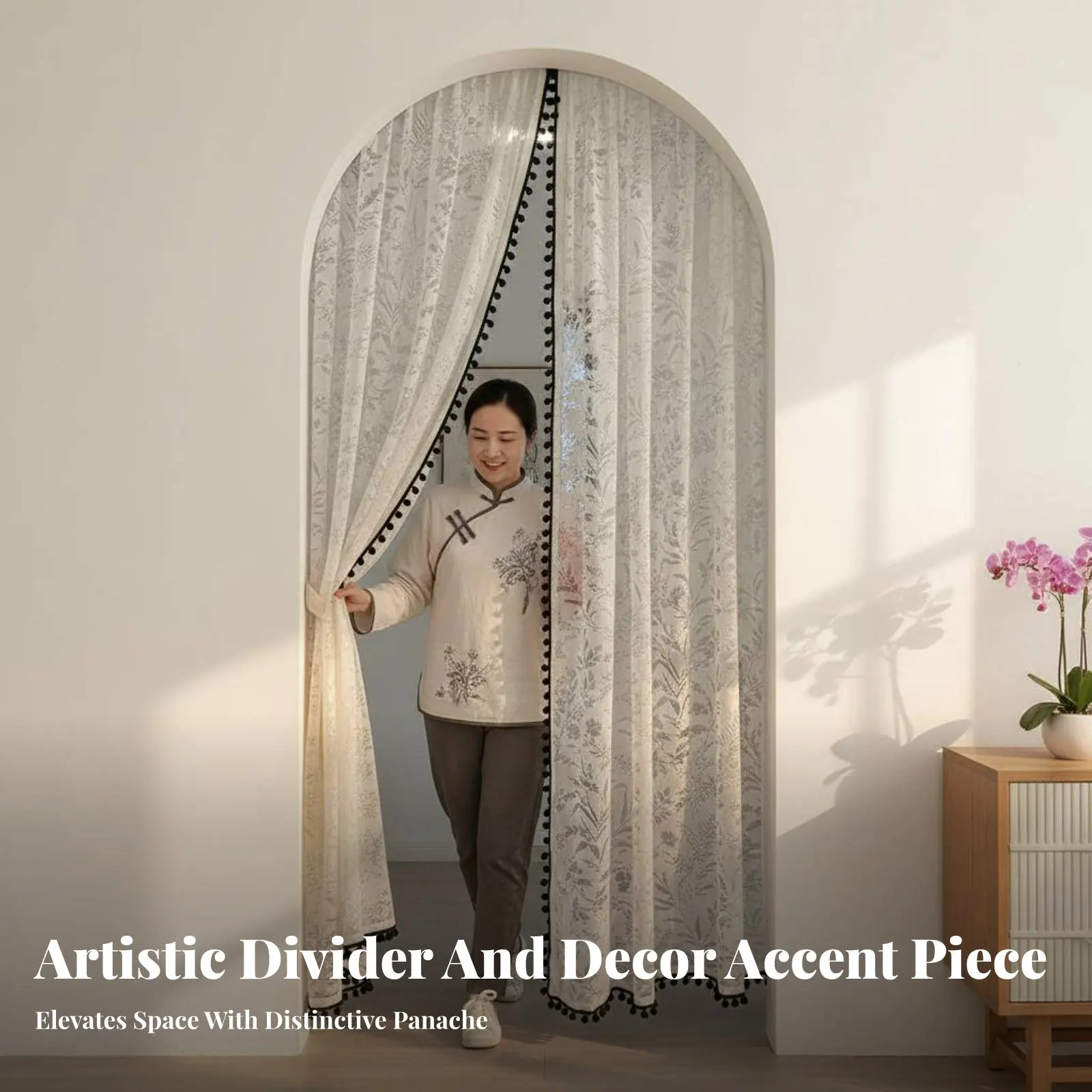 

Полупрозрачная цветочная дверная занавеска с рассеиванием света, винтажный дизайн, разделительная штора, перегородка для комнаты, ручная работа, с кистями, для дома