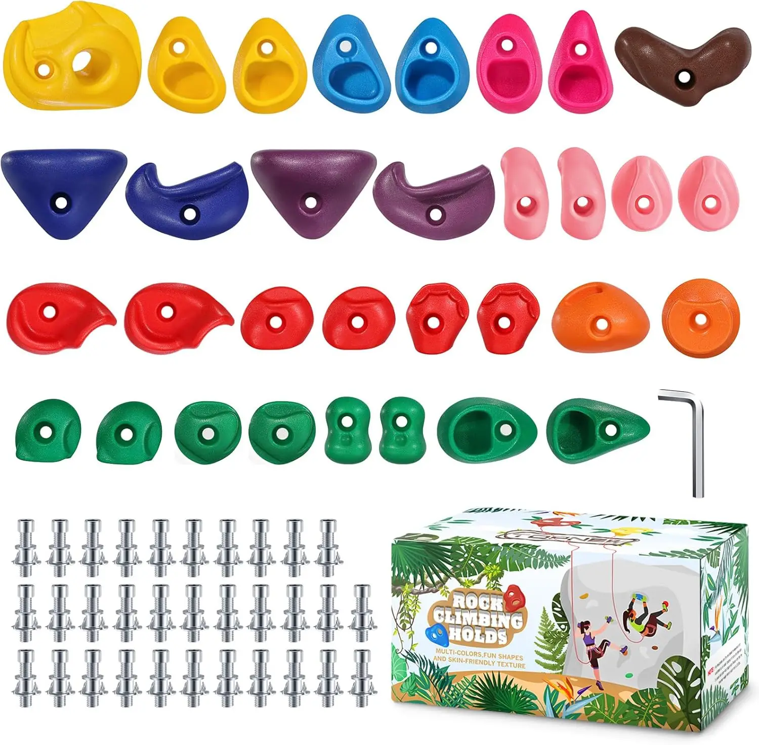

32 Multi-Size Rock Climbing Holds for Kids and Adults, Indoor/Outdoor Play Set with Mounting Hardware