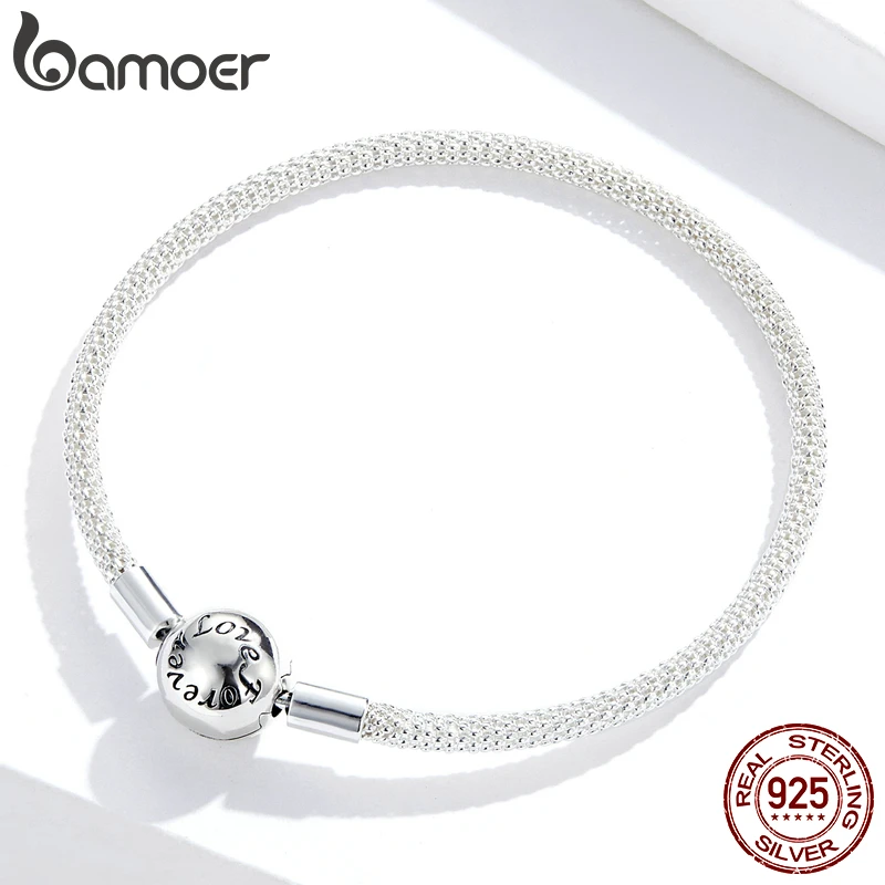 BAMOER 925 Sterling Silver Classic Love Forever Snake Chain Bracelets for Women Charm Bead DIY Fine Jewelry 17CM 19CM SCB105