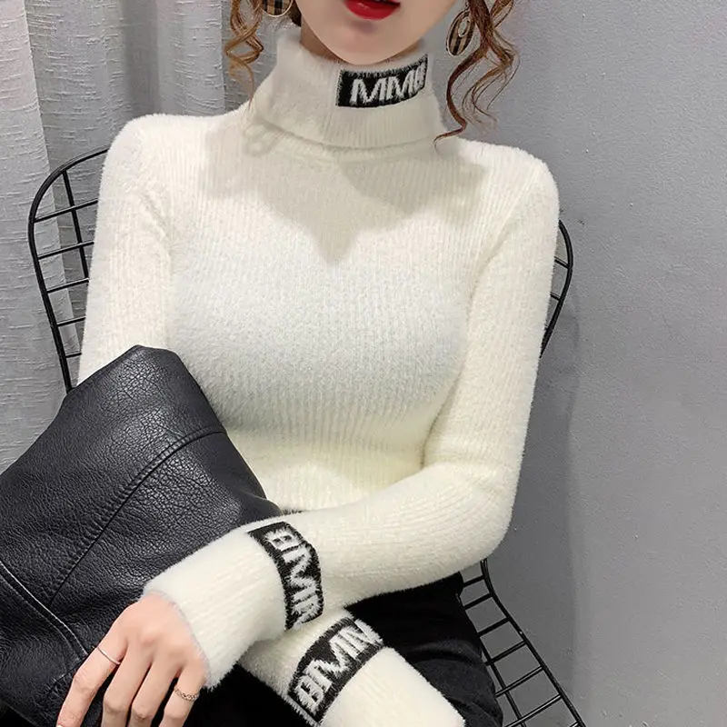 Women\'s 2024 Autumn and Winter Pullover Turtleneck Sweater Bottom Stone Commute Long Sleeve Letter Printed New Slim Knitted Tops