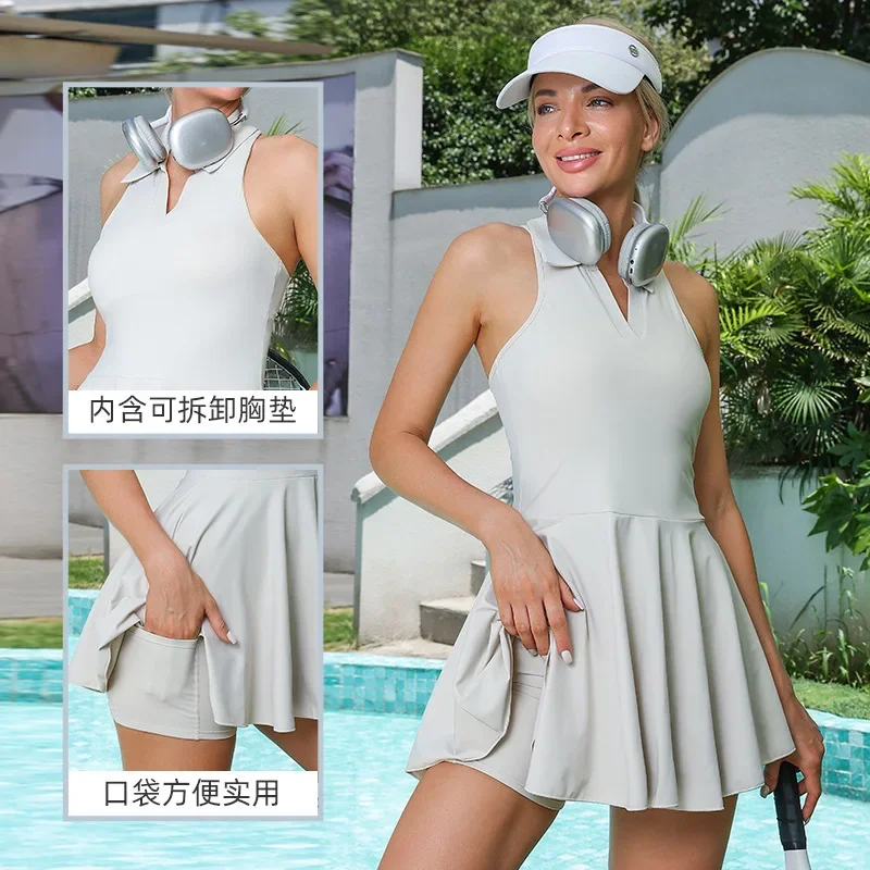 Women Summer Tennis Dress Fashion v- Neck Pocket Sports Gym Golf Running Dress Breathable Workout Frock With Chest Pads