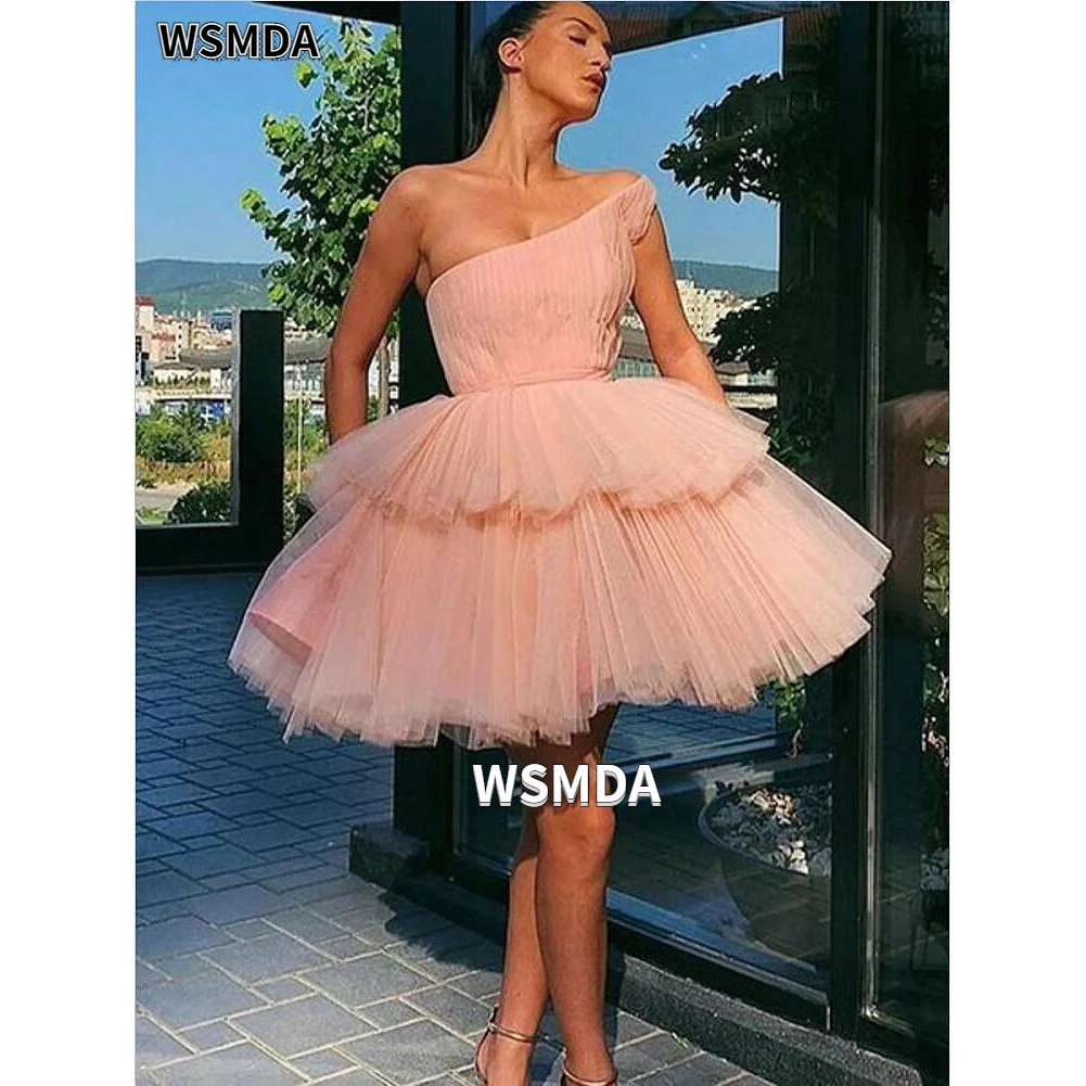 

One-shoulder Pleat Short Homecoming Dress A-line Above-knee Pink Cocktail Dress Vestido De Graduacion