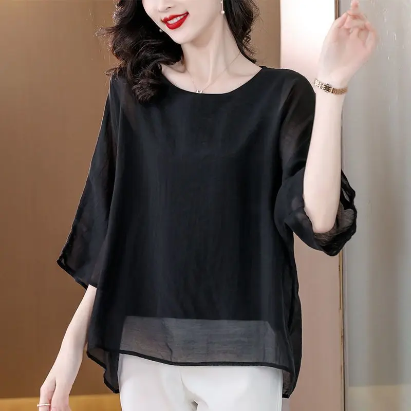 Summer 2025 New Style Loose Fit round Neck Midi Sleeve Chiffon Top for Middle-Aged Women plus Size Fashionable Mom Wear