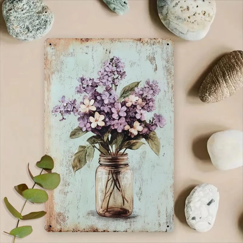 Metal Wall Art Sign - Rustic Violet & Lily Flowers in Wooden Barrel Design, Farmhouse Decor for Bedroom, Dining Room, Country