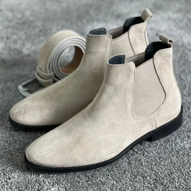 Beżowe Męskie Buty Chelsea Czarne Flock Okrągłe Toe Wsuwane Biznesowe Ręcznie Robione Buty Męskie Botas De Hombre Wino Czerwone Buty Męskie — zdjęcie 4