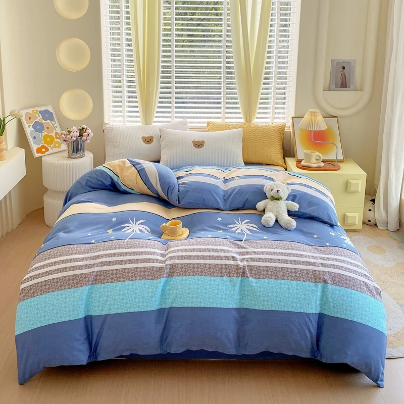 100% Cotton Blue Striped Duvet Cover Set Skin-friendly Comforter Cover Star and Plant Pattern Home Bedding with 2 Pillowcase