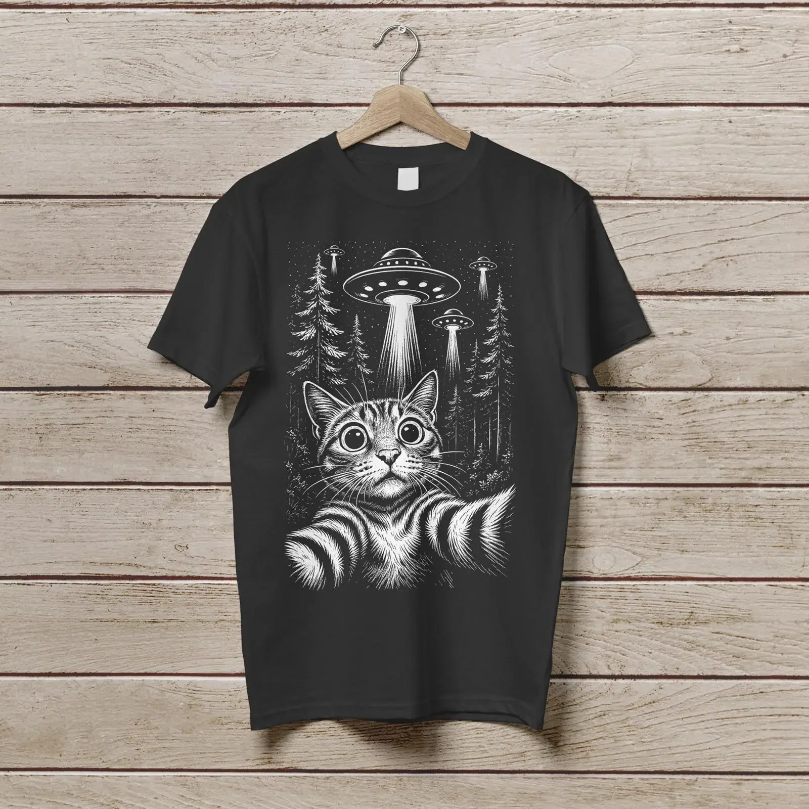 Vintage UFO Cat Abduction T Shirt Funny Retro Selfie Alien Cute Lover Meme Kitten  Top vintage Washed designer clothes