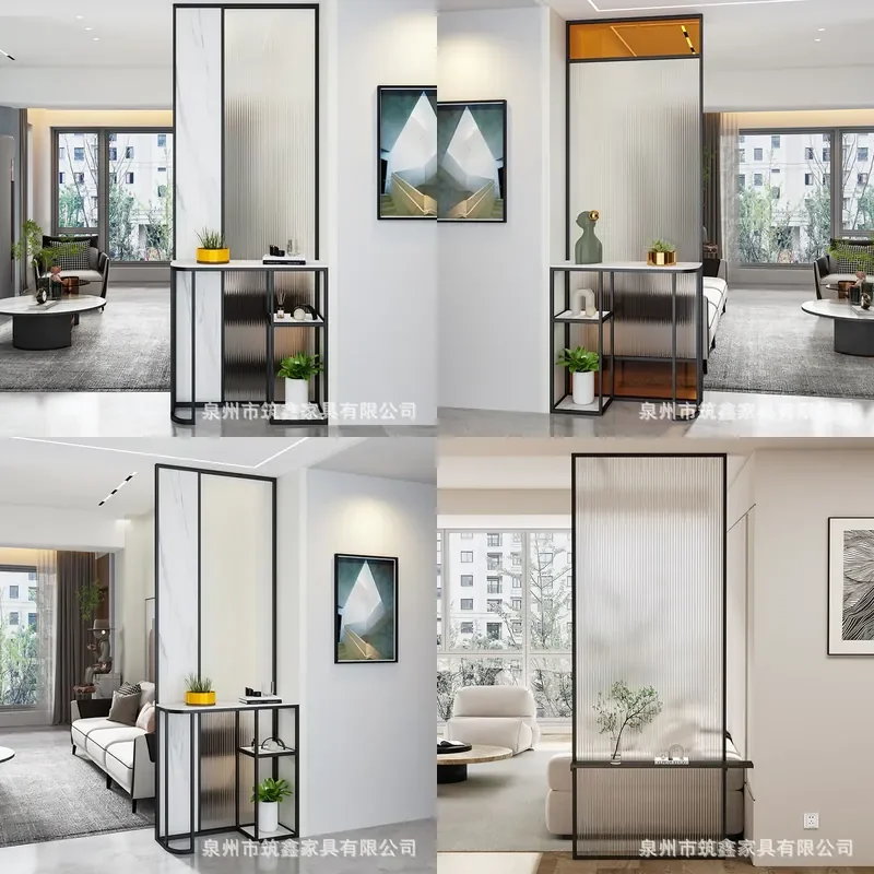 For Living Room Entryway Bedroom Dining Hall Wrought Iron Screen with Changhong Water Ripple Art Tempered Glass Partition