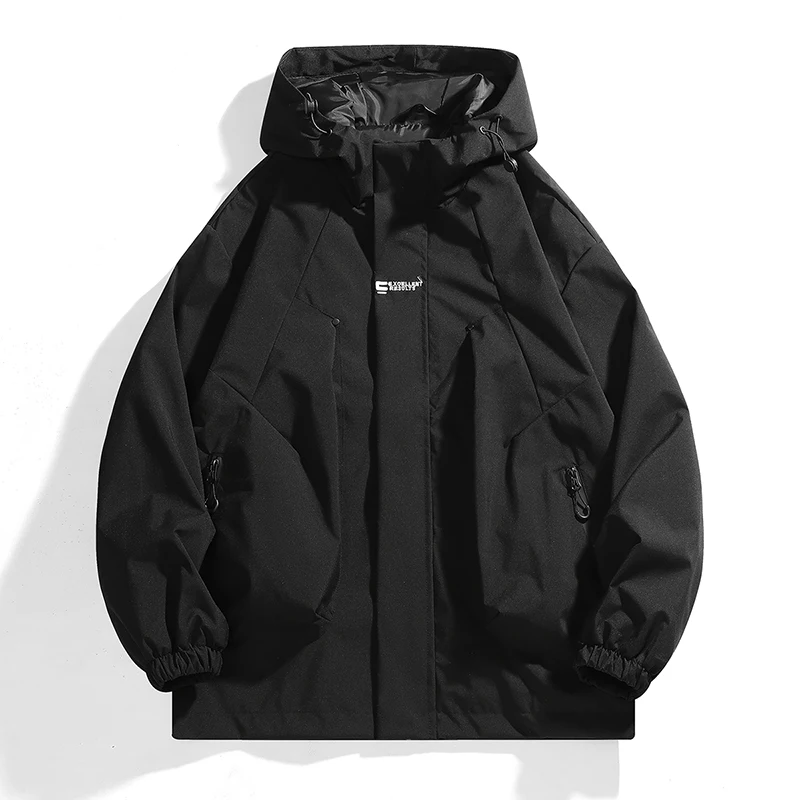 2026 Men Hooded Assault Jacket Windproof Waterproof Loose Outdoor Hiking Windbreaker Solid Color Multi Pockets Streetwear Casual