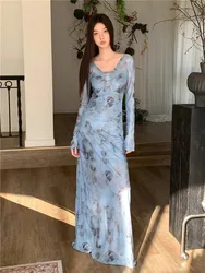 Blue Printed V-Neck Dress For Women In Early Autumn With Pleated Layering Design, Unique Slim Fit Long Skirt