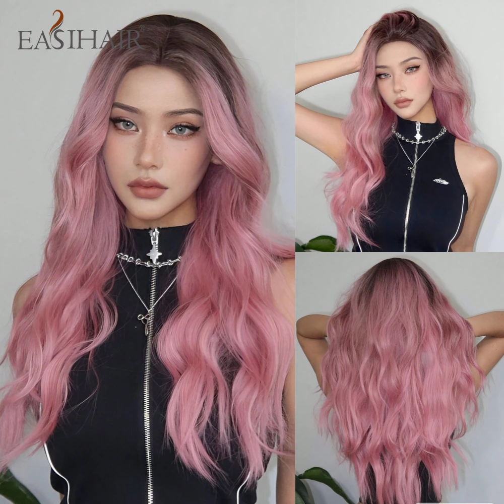 

EASIHAIR Ombre Pink Long Wavy Synthetic Wigs Middle Part Hair Wigs Natural Heat Resistant Cosplay Halloween Daily Wigs for Women