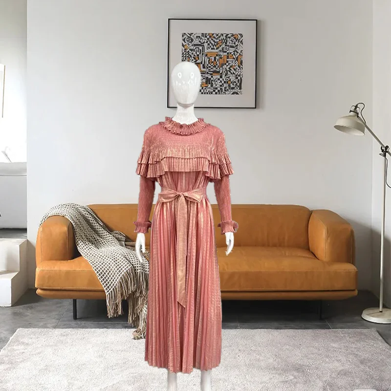 miyake-robe-plissee-2025-printemps-et-ete-nouvelle-longue-grande-taille-robe-longue-femmes-senior-sens-or-soie-tissu-jupe-plissee