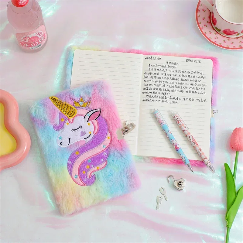 Rainbow Unicorn Notebook With Lock & Keys for Kid Girls Gift Diary Journal Agenda Planner Organizer Plush Note Book