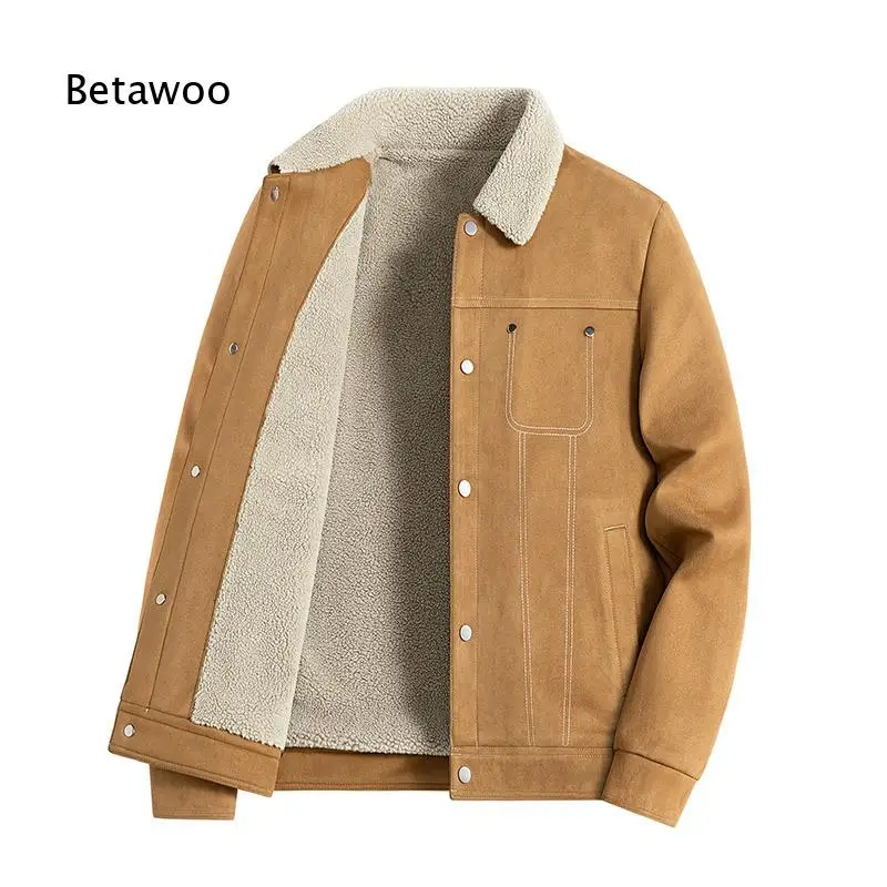 Men Lapel Fleece Lined Button Up Jacket Loose Thick Warm Winter Coat Casual Outerwear for Daily Street Wear
