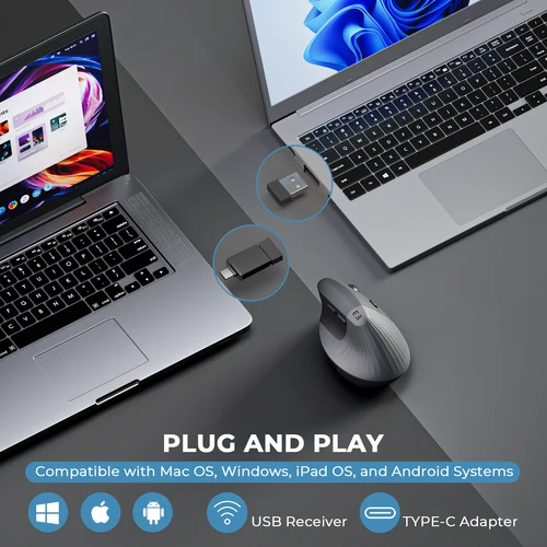 Imagen 2 del producto Seenda Ratón inalámbrico vertical ergonómico tipo C recargable 2,4 ratones USB para portátiles tabletas teléfonos Macbooks PC negro