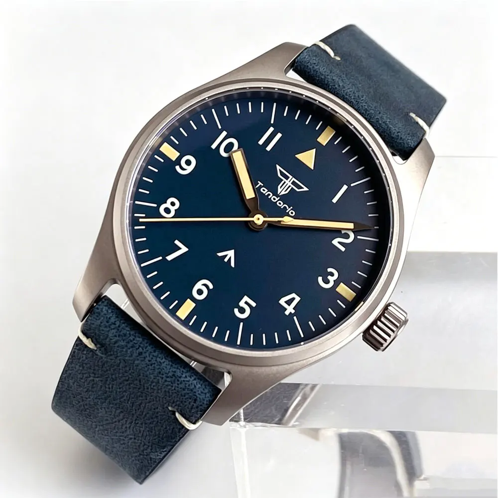 New 39mm Titanium Pilot Watch Retro VH31 Sweep Quartz Movement Sapphire Glass 100m Waterproof Luminous Marks Leather Band