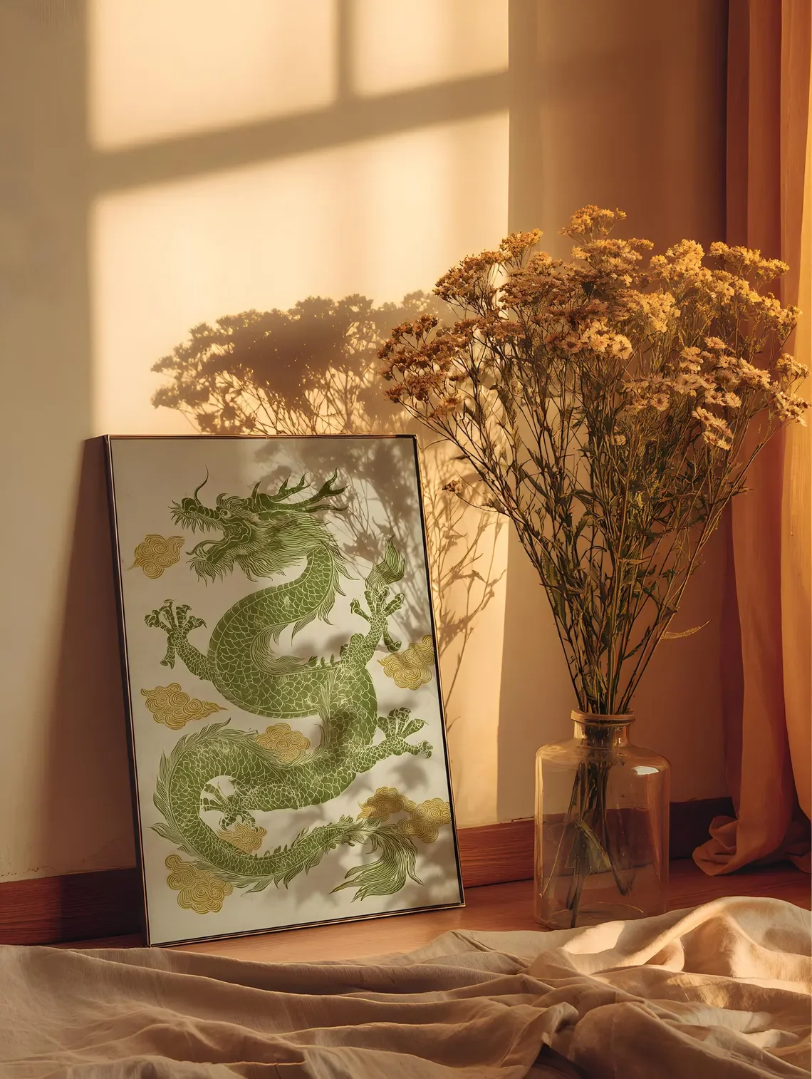 Traditional Chinese Green Dragon Wall Print Decor - Exquisite Linocut-Style Art of a Sage Green Dragon Amidst Golden Clouds, Sym
