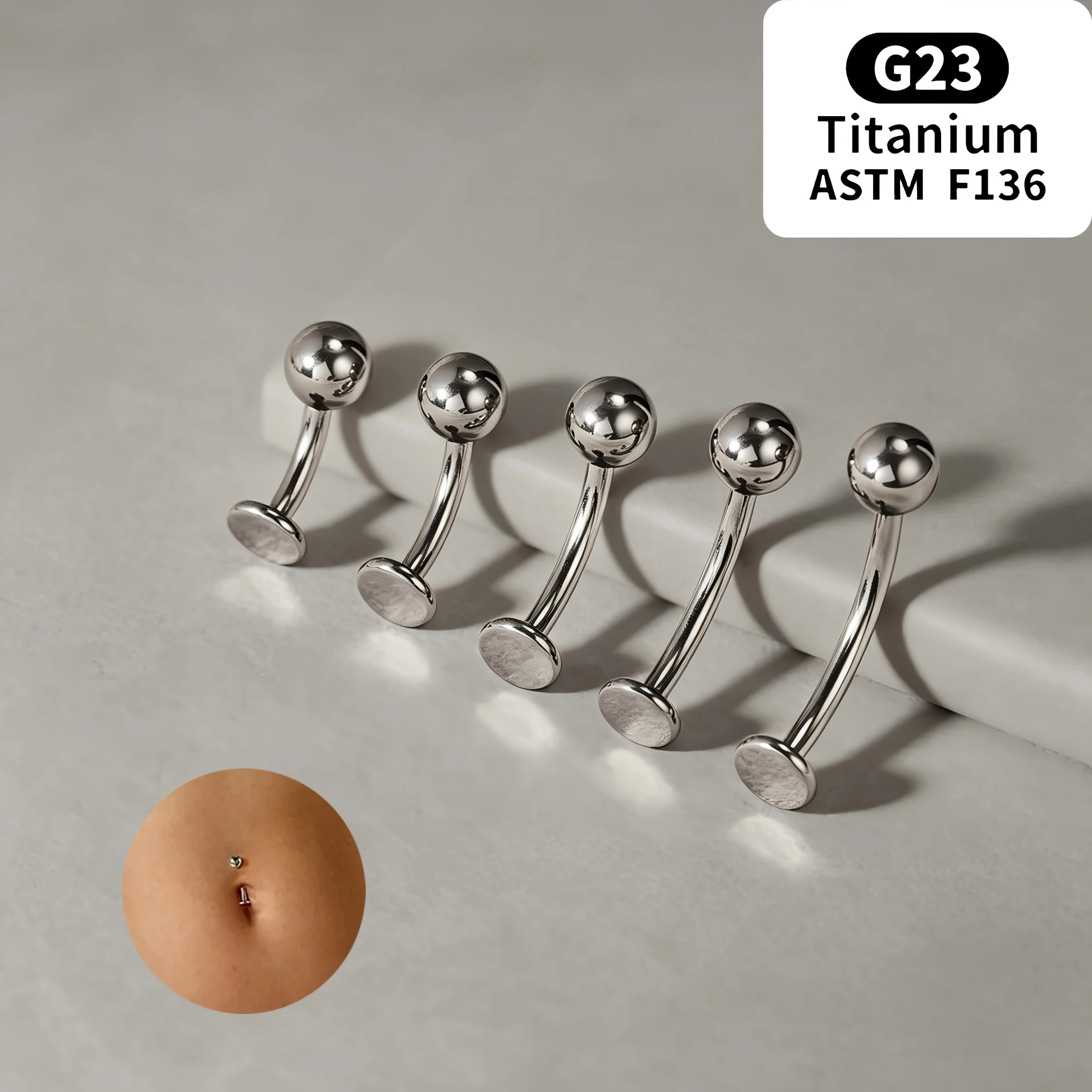 14G Minimalist 3/4/5mm Round Ball Belly Button Ring Internal Thread Flat Back Navel Ring G23 Titanium Curved Piercing Jewelry