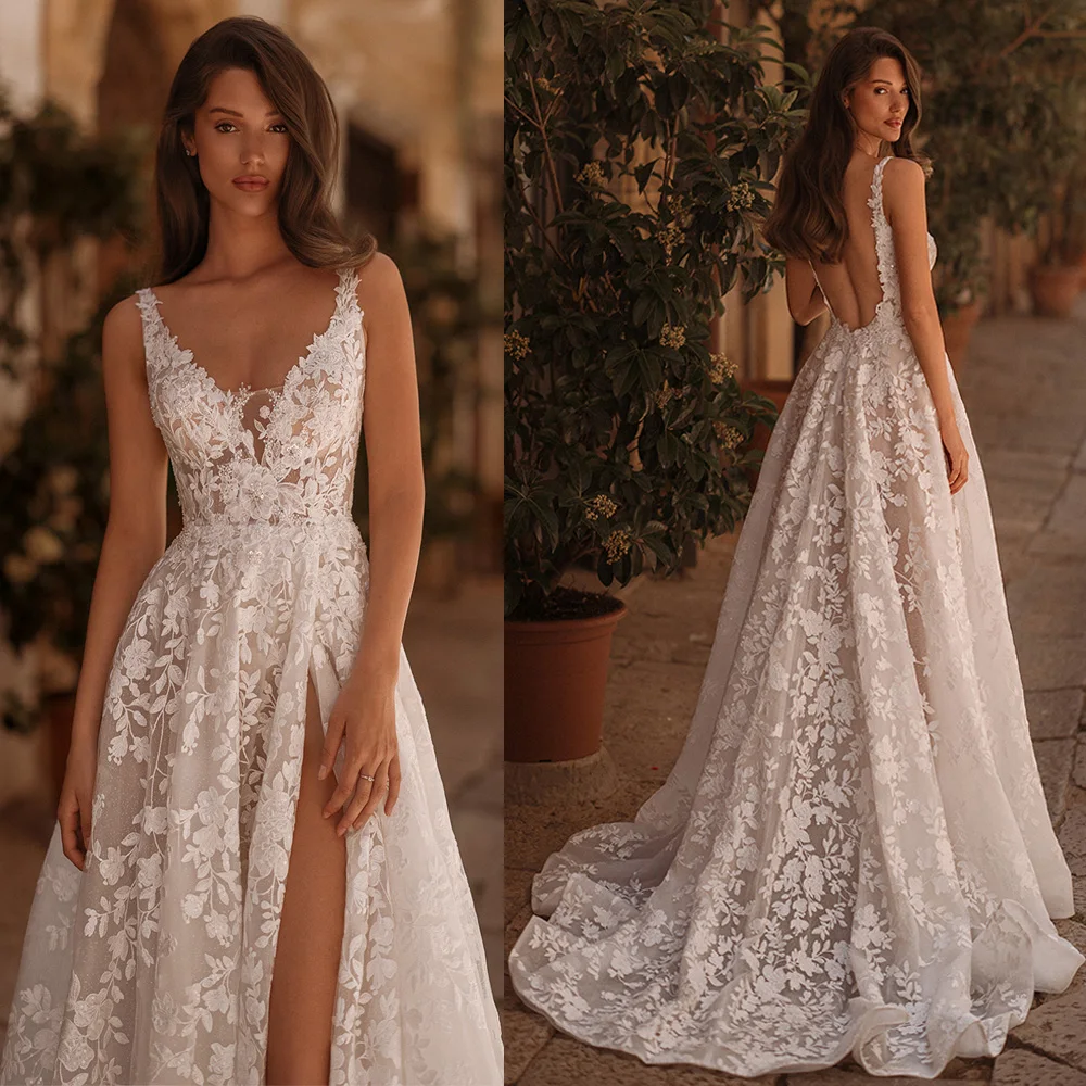 

High Quality Wedding Dresses Customized Sleeveless V Neck Sequined Lace Slit Open Back Glitter Bridal Gown for Woman