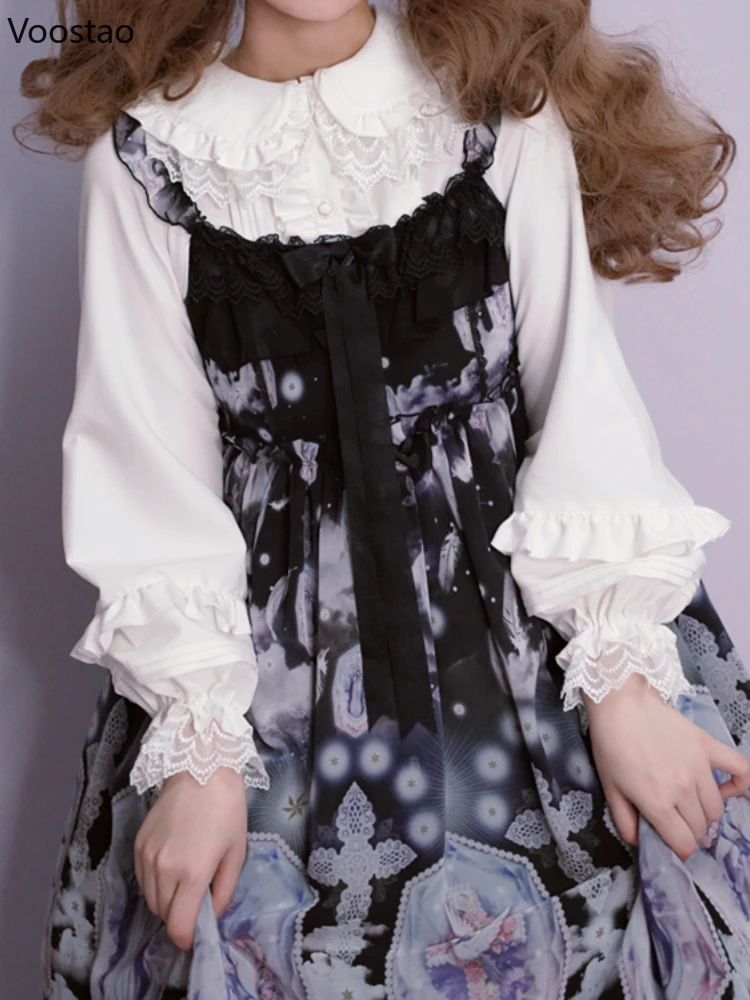 Autumn Kawaii White Peter Pan Collar Lolita Blouses Women Japanese Sweet Lace Long Sleeve JK Shirts Spring Chic Thickened Tops