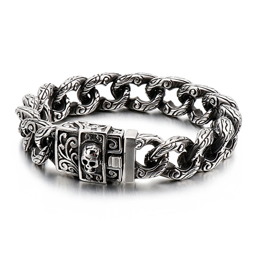 

14mm Heavy Punk Charm Retro Black Skull Bracelet Men Women Hiphop Stainless Steel Bike Biker Cuban Curb Chain Bangle Jewellry