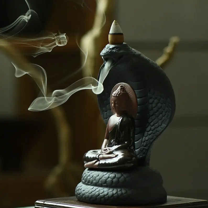 Serpentine Flow with Buddha Design, Incense Furnace, Capturing, Reverse Smoke, Tranquil Ambiance, Unique