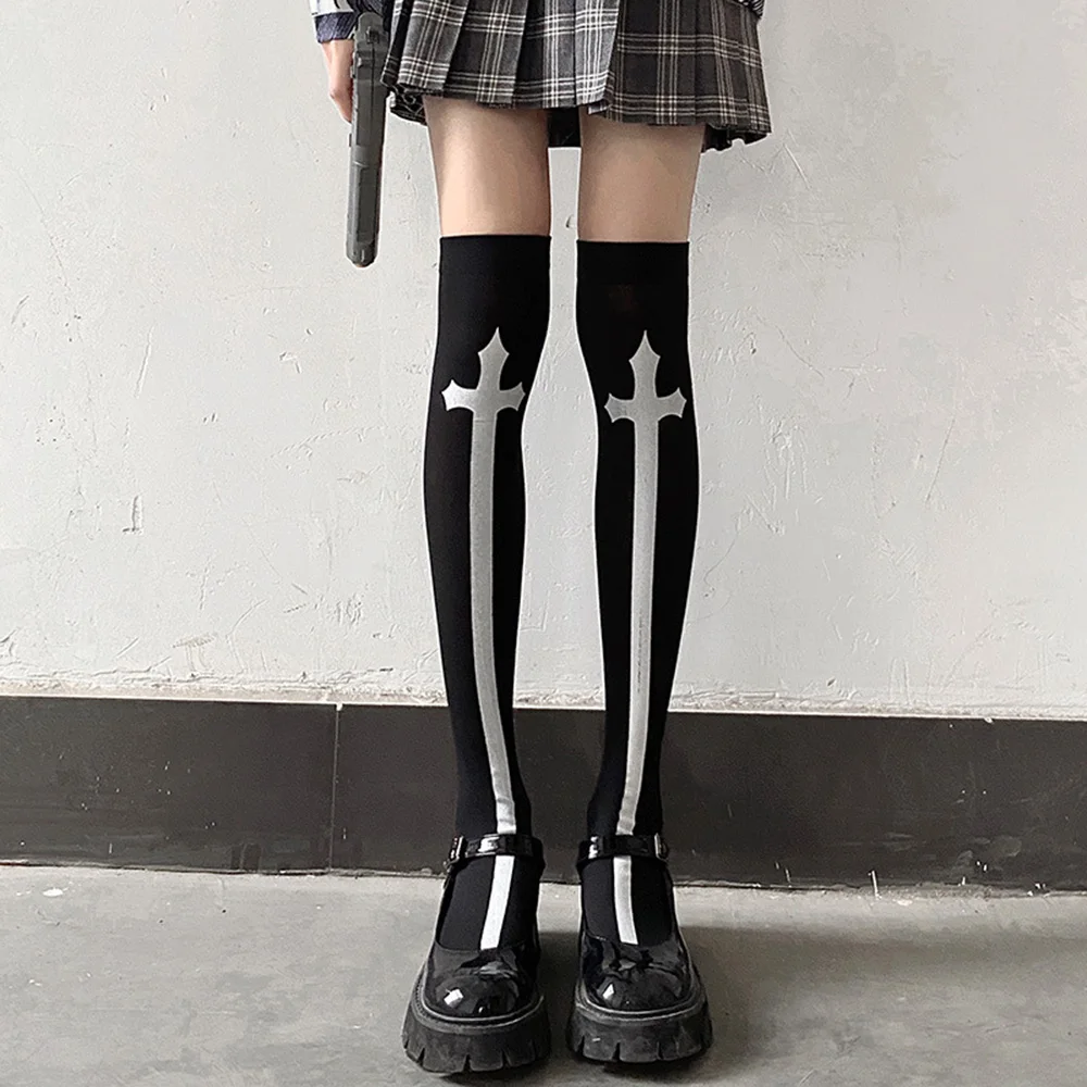 1 paar schedelprint lange sexy kousen zwarte spin kruis kousen Halloween cosplay over de knie sokken vrouwen dij hoge kousen