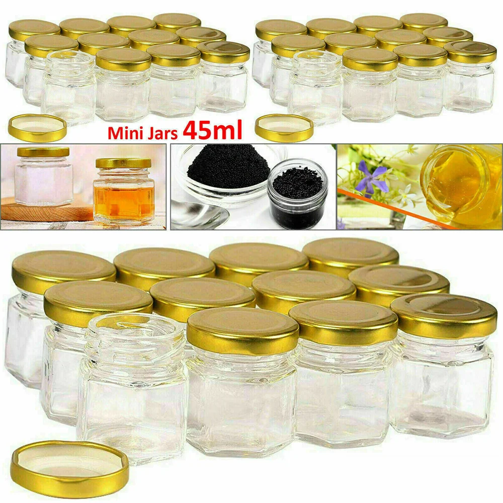 

12pcs 45ml/60ml Mini Hexagon Glass Jars with Golden Lids, 45ml Small Honey Jams Spice Empty Container