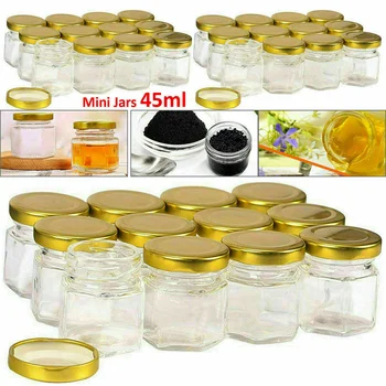 Altın kapaklı 12 adet 45ml/60ml Mini altıgen cam kavanozlar, 45ml küçük bal reçelleri baharat boş konteyner