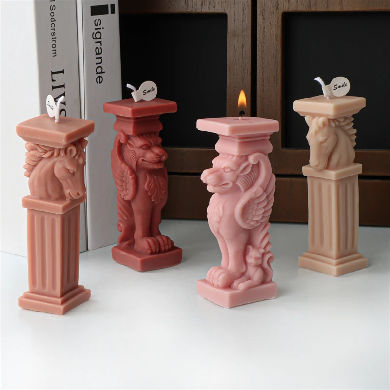 3D Lion Roman Column Candle Silicone Mold DIY Horse Head Column Statue Animal Plaster Resin Mold Home Art Decoration Tool