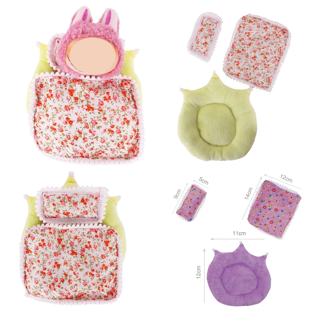 Juego de Mini accesorios para muñecas de 17cm para muñeca Labubu Pop 5/6 unids/set cama + edredón + pijama de almohada saco de dormir regalo para casa de muñecas, juguetes para niñas