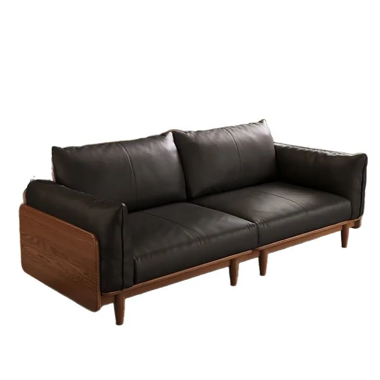 PYJ medieval solid wood sofa leather art sofa living room light luxury household black walnut sofa