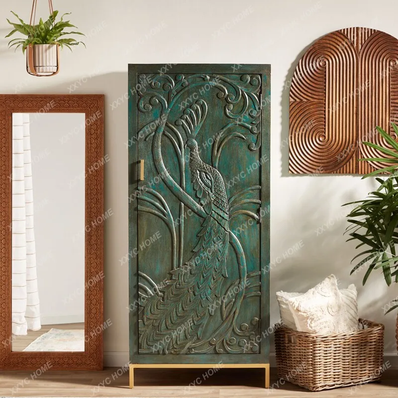 Retro solid wood wardrobe simple bedroom storage cabinet carved peacock storage cabinet antique high cabinet