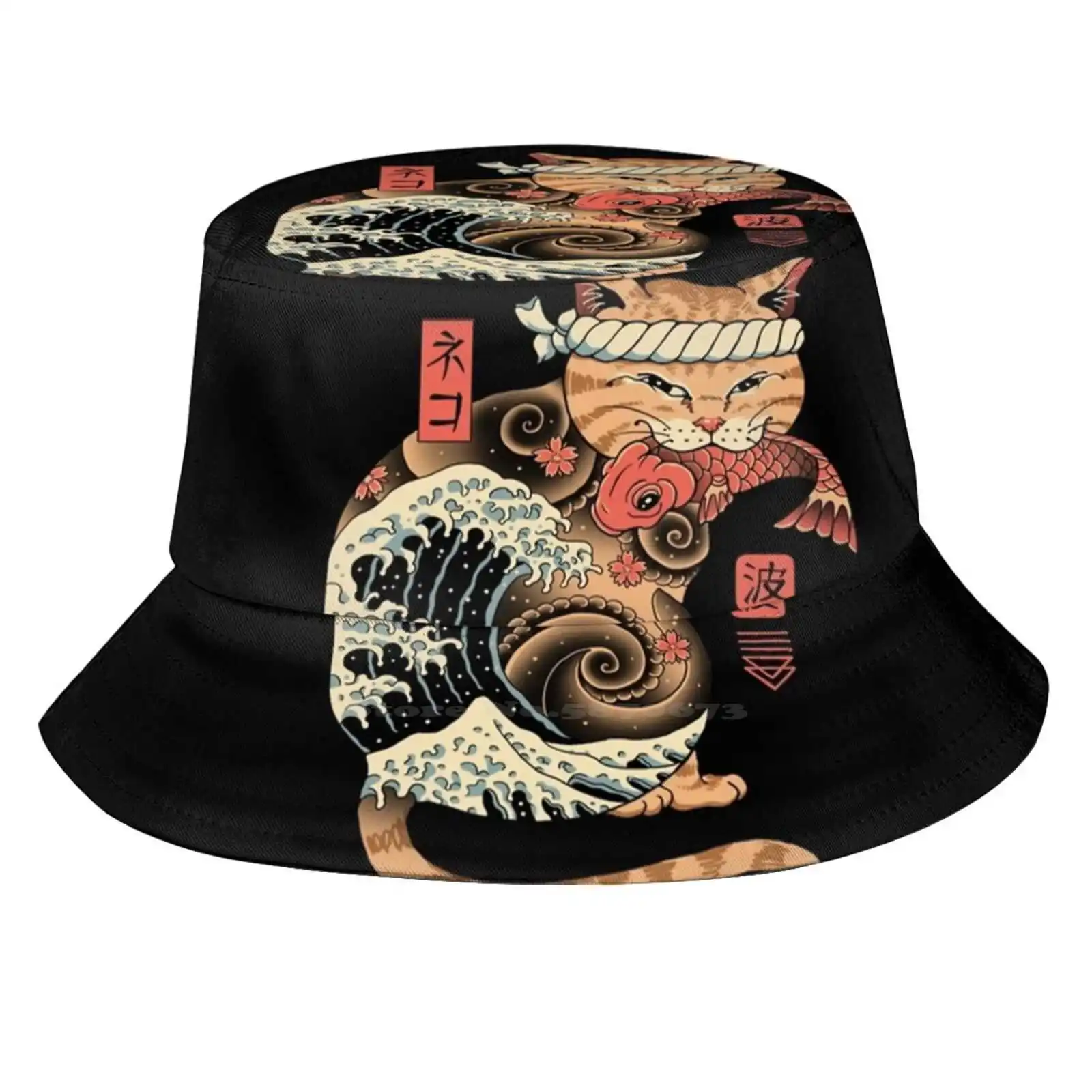 Catana Wave Pattern Design Printed Travel Bucket Hats Cats Catana The Great Wave Hokusai Animals Felines Aesthetics Tattoo