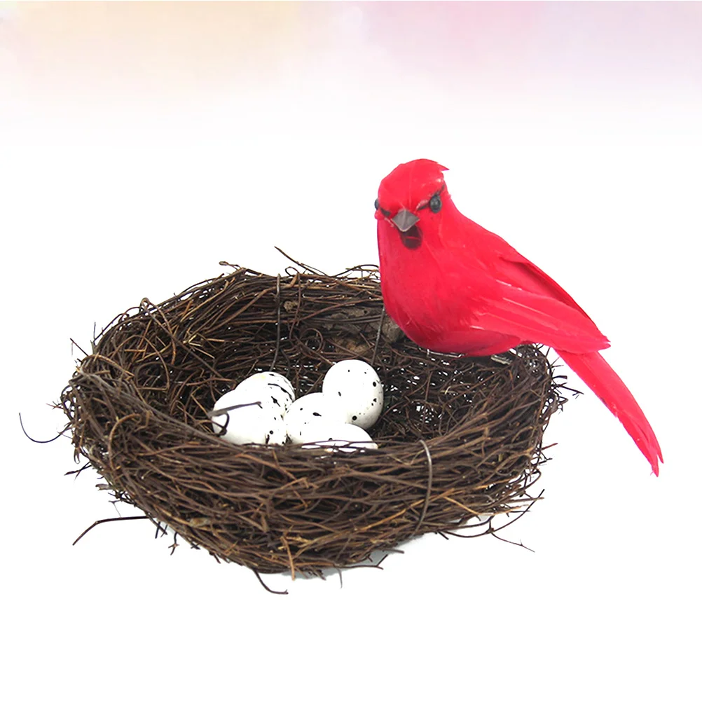 

5pcs Egg Nest Set Rattan Foam Sparrow Ornament For Home Decor Kids Room Party Diy Micro Landscape Artificial Bird Nest Red Bird